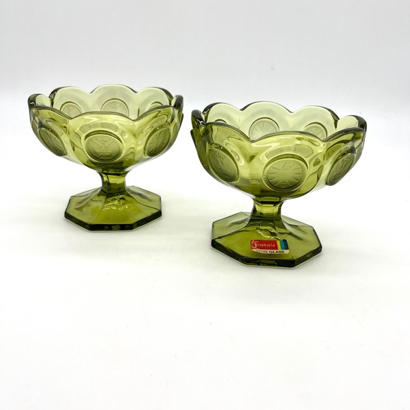 Fostoria Other - Fostoria Coin Glass Olive Green Compotes Pedestal‎ Candy Dishes Set of 2